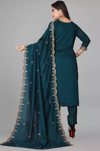 Teal cotton blend kurti pant dupatta set