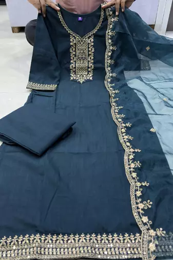 Teal cotton blend kurti pant dupatta set