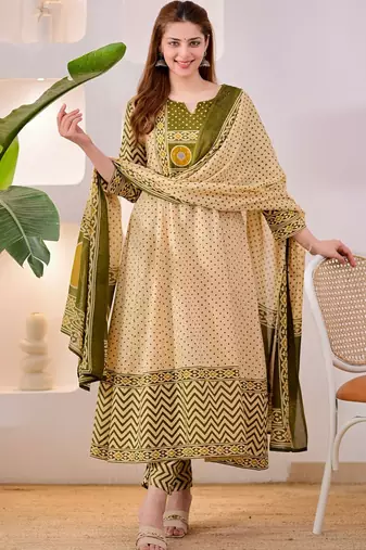 Cream jaipuri cotton kurti pant dupatta set