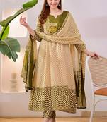 Cream jaipuri cotton kurti pant dupatta set
