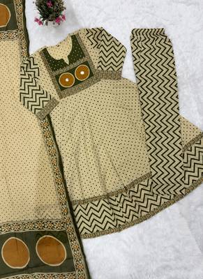 Cream jaipuri cotton kurti pant dupatta set 2
