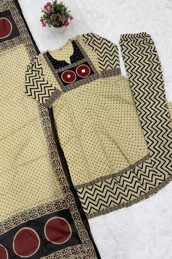 Cream jaipuri cotton kurti pant dupatta set