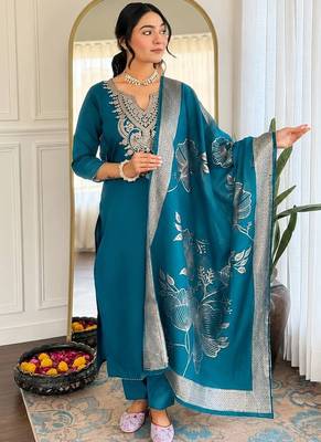 Teal cotton blend kurti pent dupatta set 1