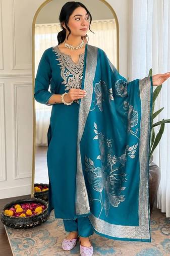 Teal cotton blend kurti pent dupatta set
