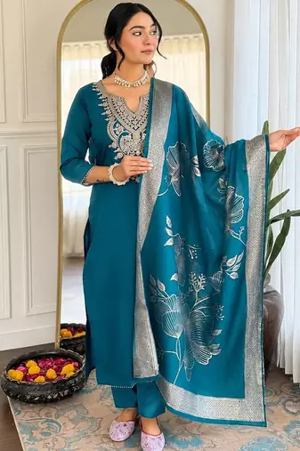 Teal cotton blend kurti pent dupatta set