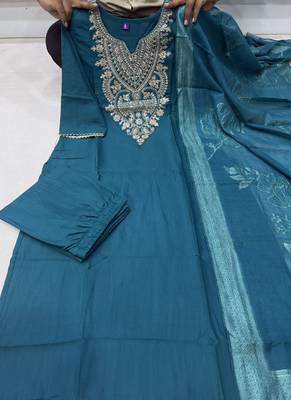 Teal cotton blend kurti pent dupatta set 2