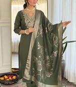 Green cotton blend kurti pant dupatta set