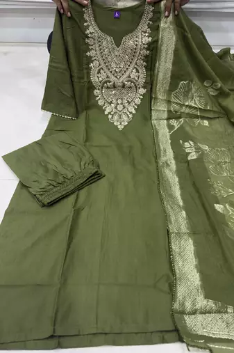 Green cotton blend kurti pant dupatta set