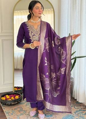 Purple cotton blend kurti pant dupatta set 1