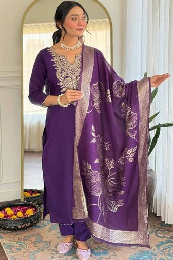Purple cotton blend kurti pant dupatta set