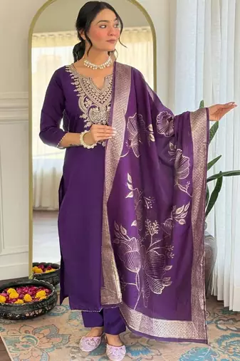 Purple cotton blend kurti pant dupatta set