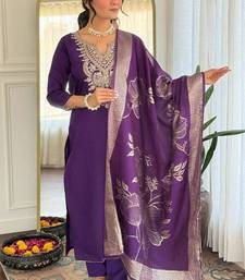 Purple cotton blend kurti pant dupatta set