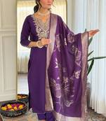 Purple cotton blend kurti pant dupatta set