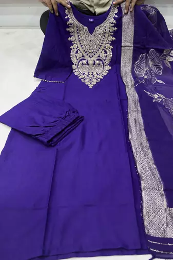 Purple cotton blend kurti pant dupatta set