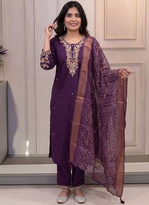 Purple cotton blend kurti pant dupatta set 1