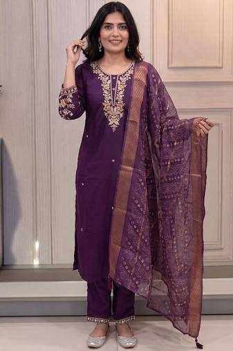 Purple cotton blend kurti pant dupatta set