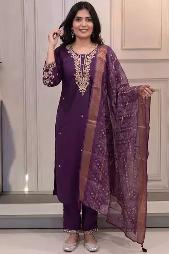 Purple cotton blend kurti pant dupatta set