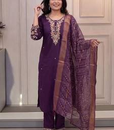 Purple cotton blend kurti pant dupatta set