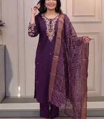 Purple cotton blend kurti pant dupatta set