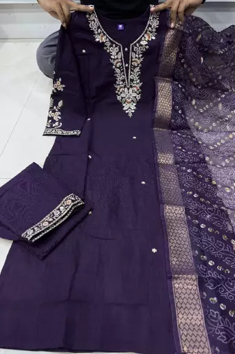 Purple cotton blend kurti pant dupatta set