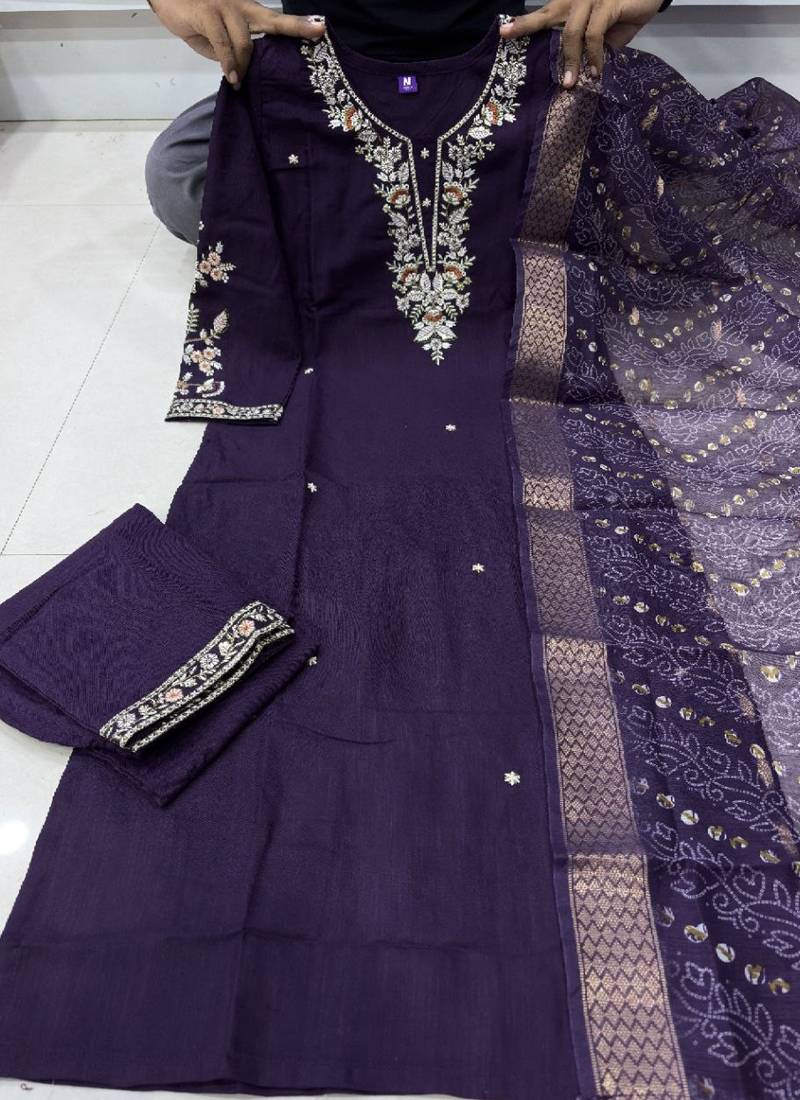 Purple cotton blend kurti pant dupatta set