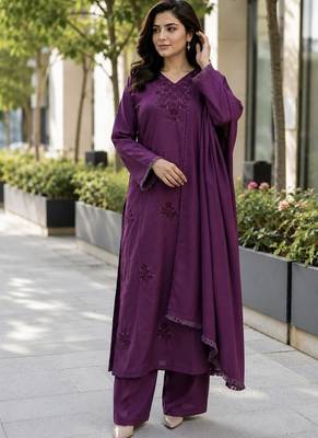 Purple heavy rayon cotton kurti pent dupatta set 1