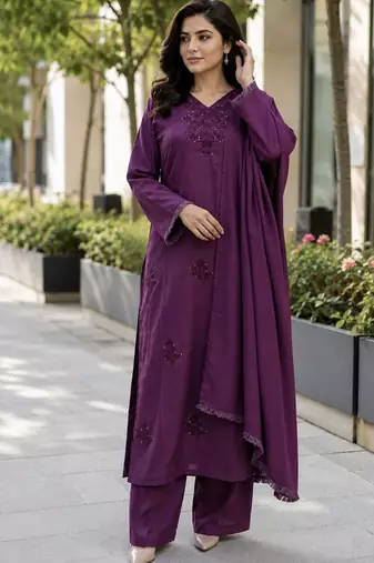 Purple heavy rayon cotton kurti pent dupatta set