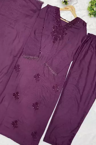 Purple heavy rayon cotton kurti pent dupatta set