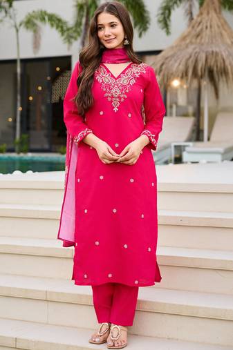 Pink roman silk kurti pant dupatta set