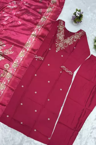 Pink roman silk kurti pant dupatta set