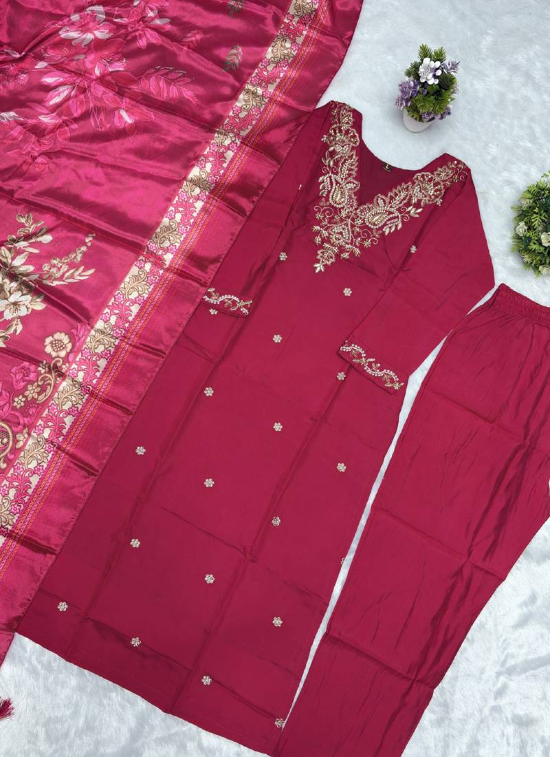 Pink roman silk kurti pant dupatta set