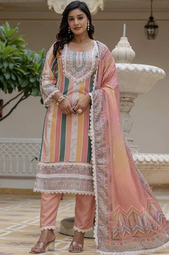Peach rayon slub kurti pent dupatta set