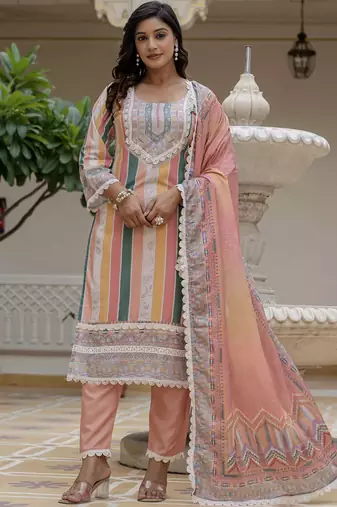 Peach rayon slub kurti pent dupatta set