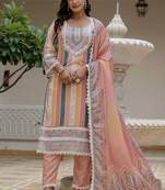 Peach rayon slub kurti pent dupatta set