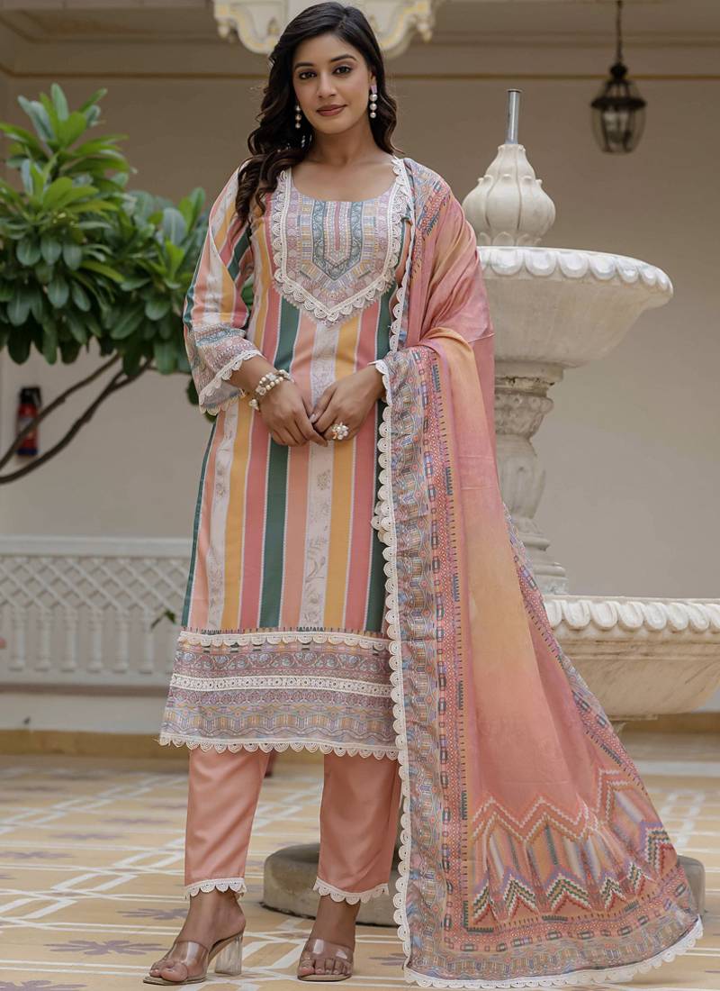 Peach rayon slub kurti pent dupatta set