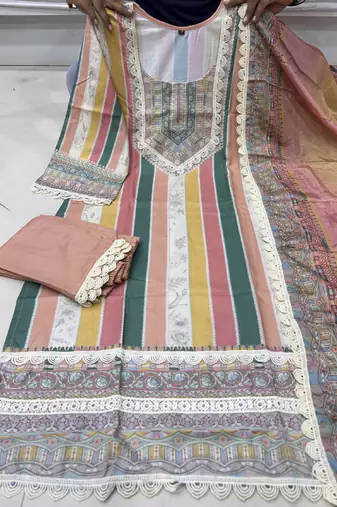 Peach rayon slub kurti pent dupatta set