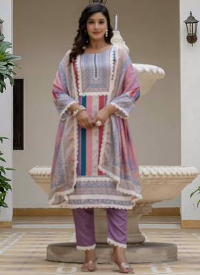 Lavender rayon slub kurti pant dupatta set 1