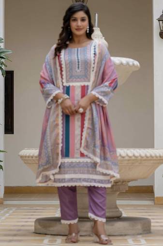 Lavender rayon slub kurti pant dupatta set