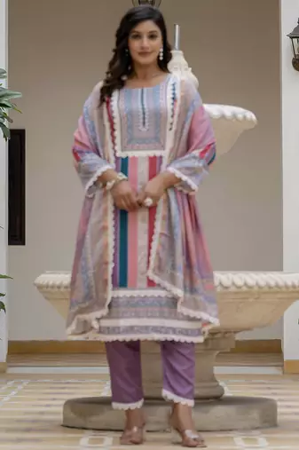 Lavender rayon slub kurti pant dupatta set