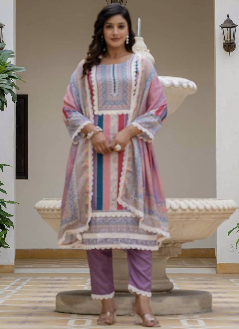 Lavender rayon slub kurti pant dupatta set