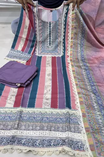 Lavender rayon slub kurti pant dupatta set