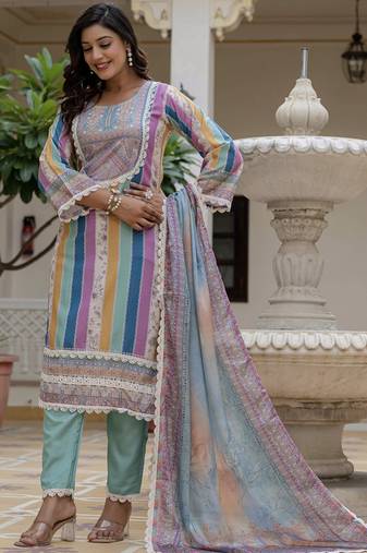 Lime green rayon slub kurti pant dupatta set