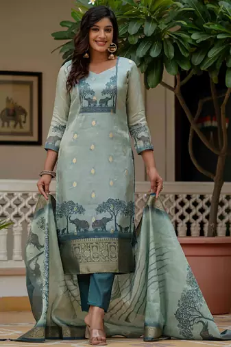 Teal banarasi kurti pant dupatta set