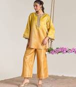 Yellow embroidered kota tissue kurta set