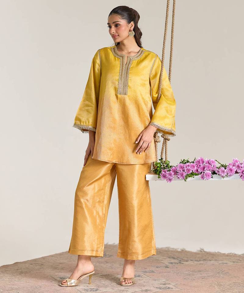 Yellow embroidered kota tissue kurta set