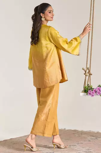 Yellow embroidered kota tissue kurta set