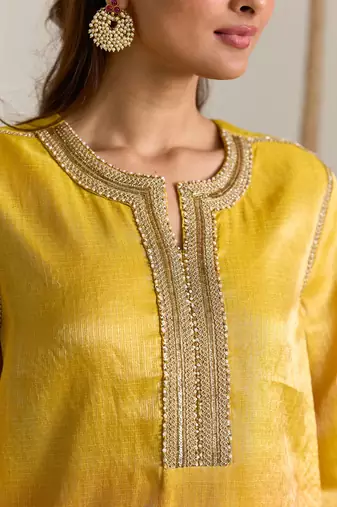 Yellow embroidered kota tissue kurta set