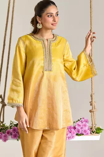 Yellow embroidered kota tissue kurta set