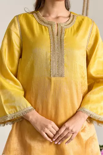 Yellow embroidered kota tissue kurta set