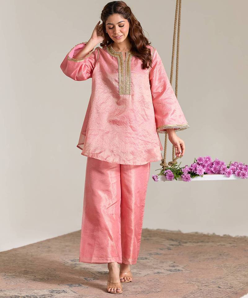 Rose pink embroidered kota tissue kurta set
